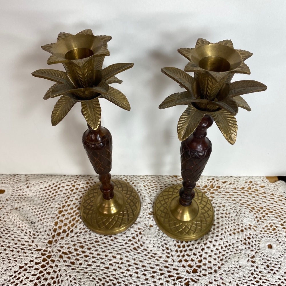 Elegant Brass and Dark Brown Wood Candle Holders - Picture 7 of 8
